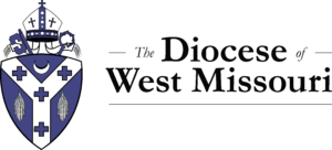 Shield of the Diocese of West Missouri in blue and white featuring a bishop's mitre, church key, and crozier atop a shield with two ears of corn and a crescent.