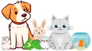 Cartoon versions of a hamster, puppy, lizard, bunny, bird, cat, and fish.