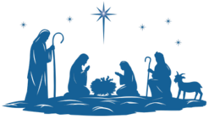 Nativity scene in silhouette featuring the baby Jesus, Joseph, Mary, two shepherds, and a lamb
