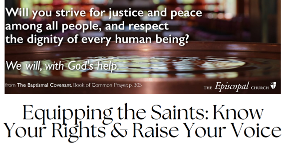 The background features a basin of water with ripples in it. Overlaid on the basin are words from the Baptismal Covenant, "Will you strive for justice and peace among all people, and respect the dignity of every human being? We will, with God's help."